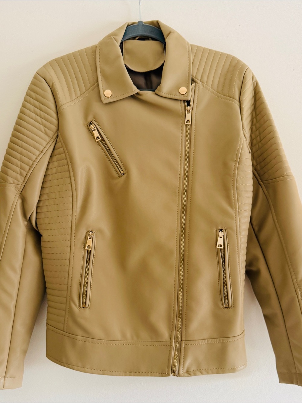 Women's Tan Faux Leather Moto Jacket with Quilted Detailing